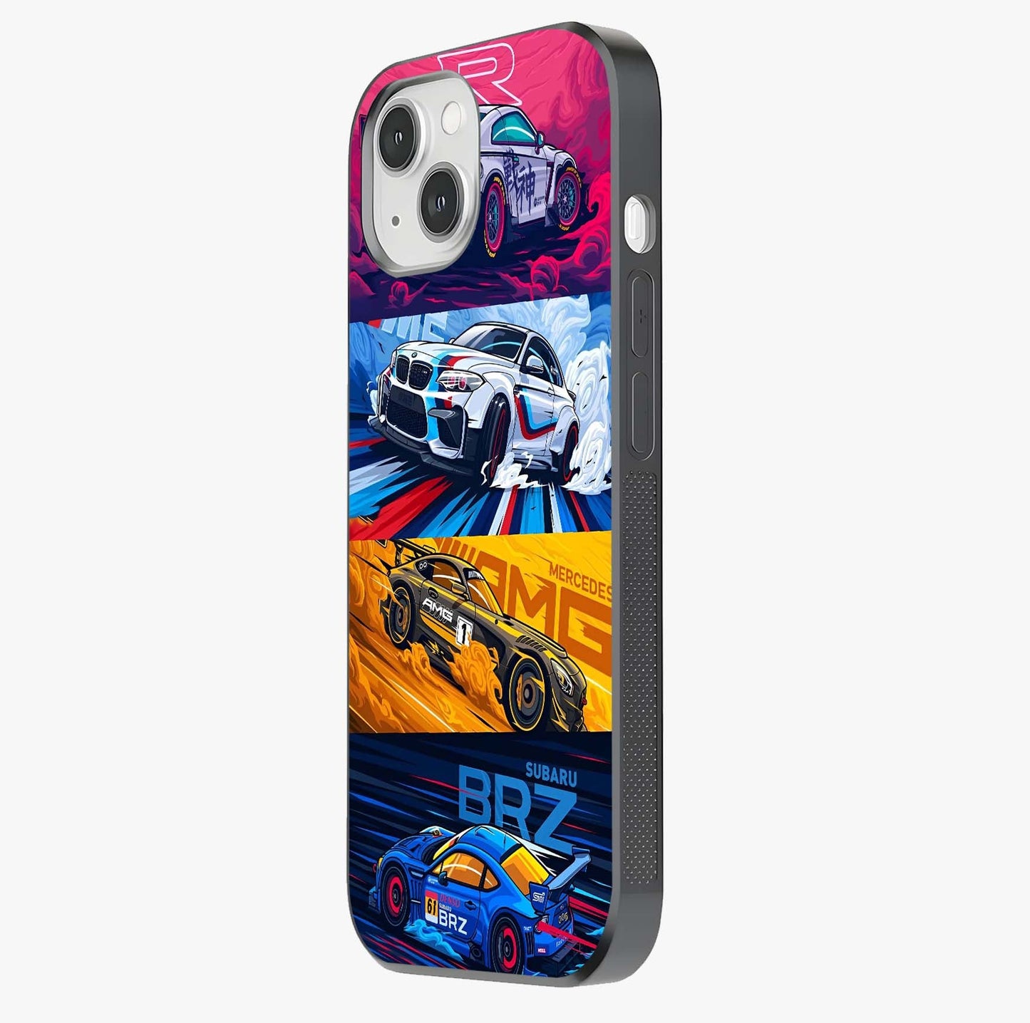 Jdm Sports Car Glass Case photographed in natural light showing reflective finish and design depth.