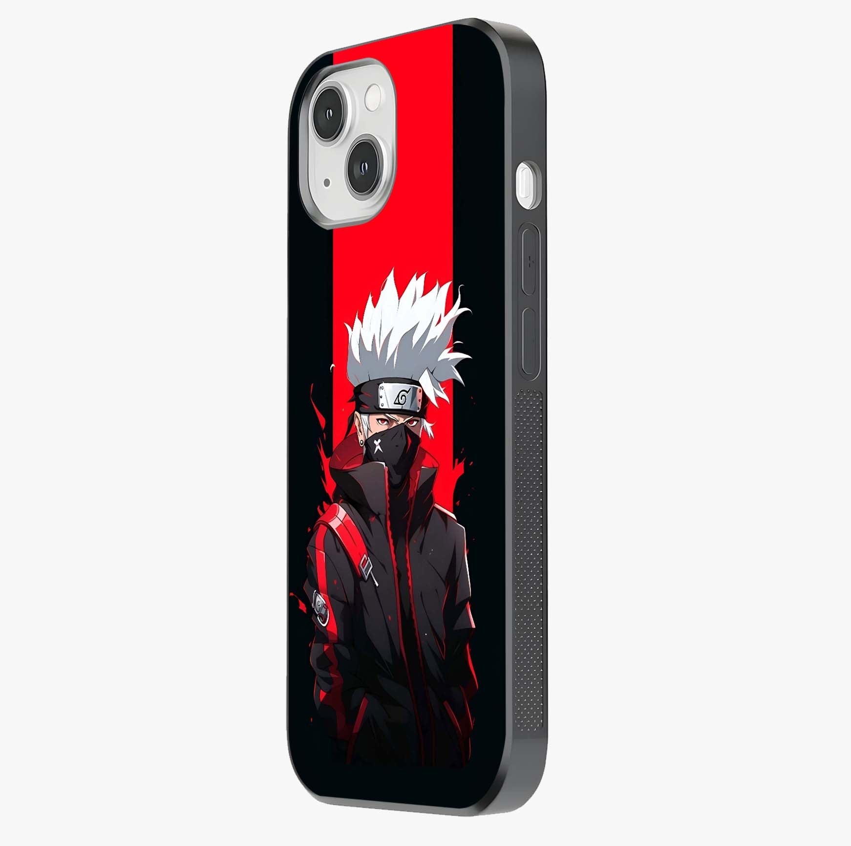 Kakashi Scarlet Shadow Glass Case photographed in natural light showing reflective finish and design depth.