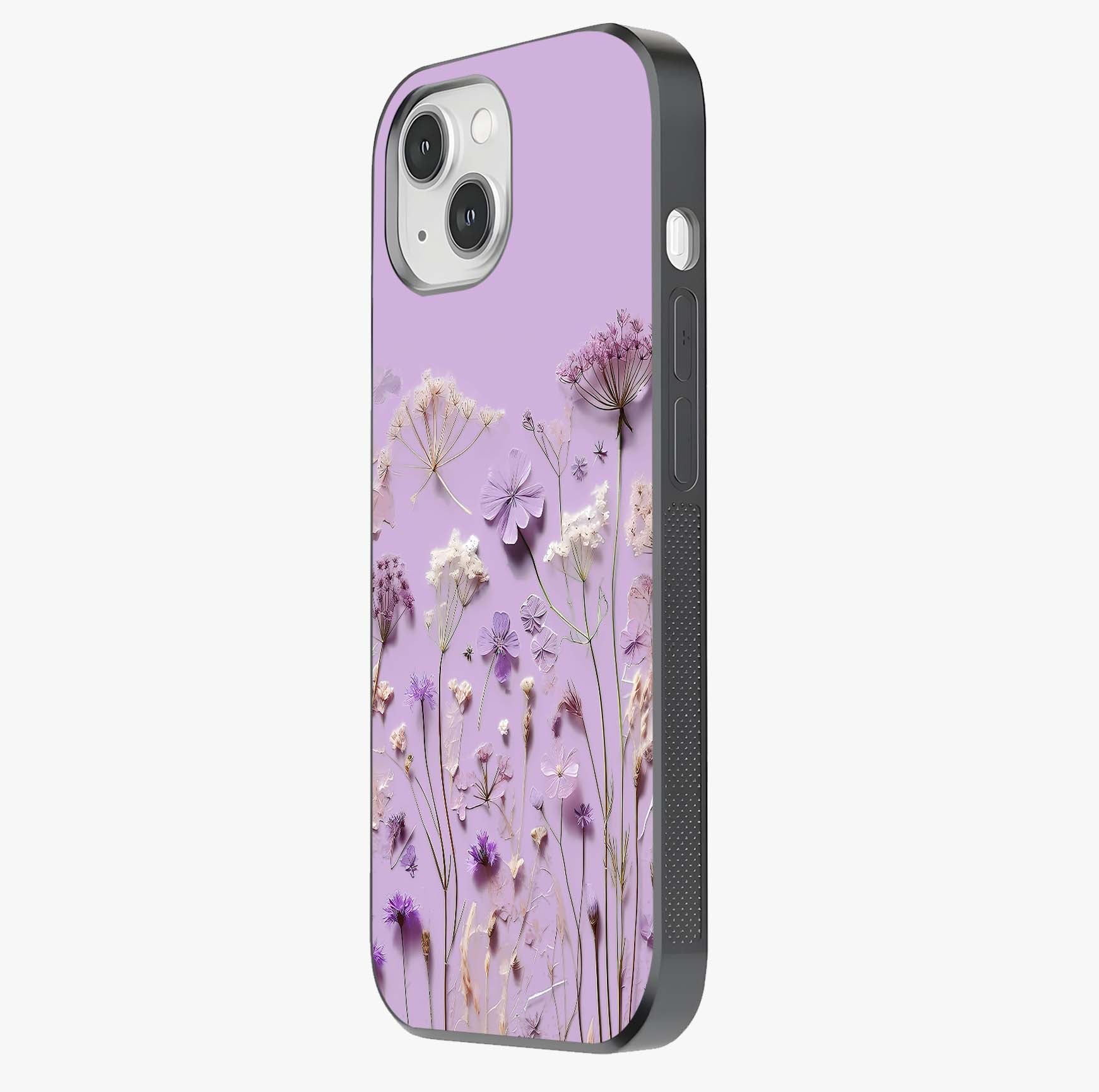 Lavender Blossom Dream Glass Case photographed in natural light showing reflective finish and design depth.