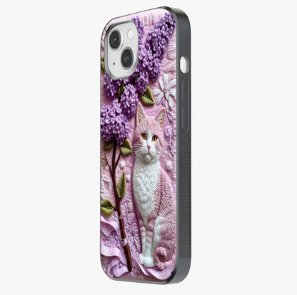 Lavender Cat Whimsy Glass Case photographed in natural light showing reflective finish and design depth.