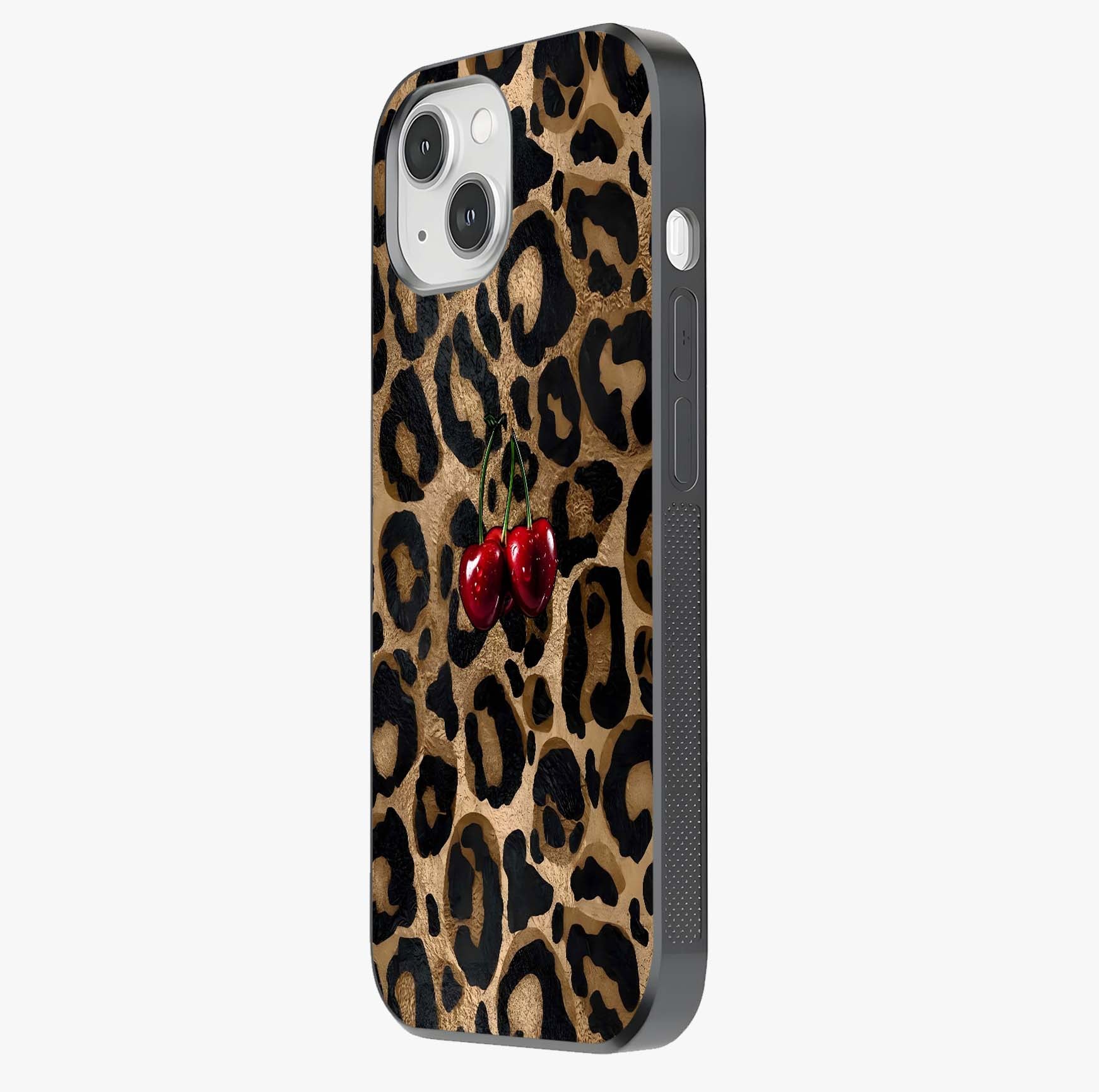 Leopard Wild Cherry Glass Case photographed in natural light showing reflective finish and design depth.