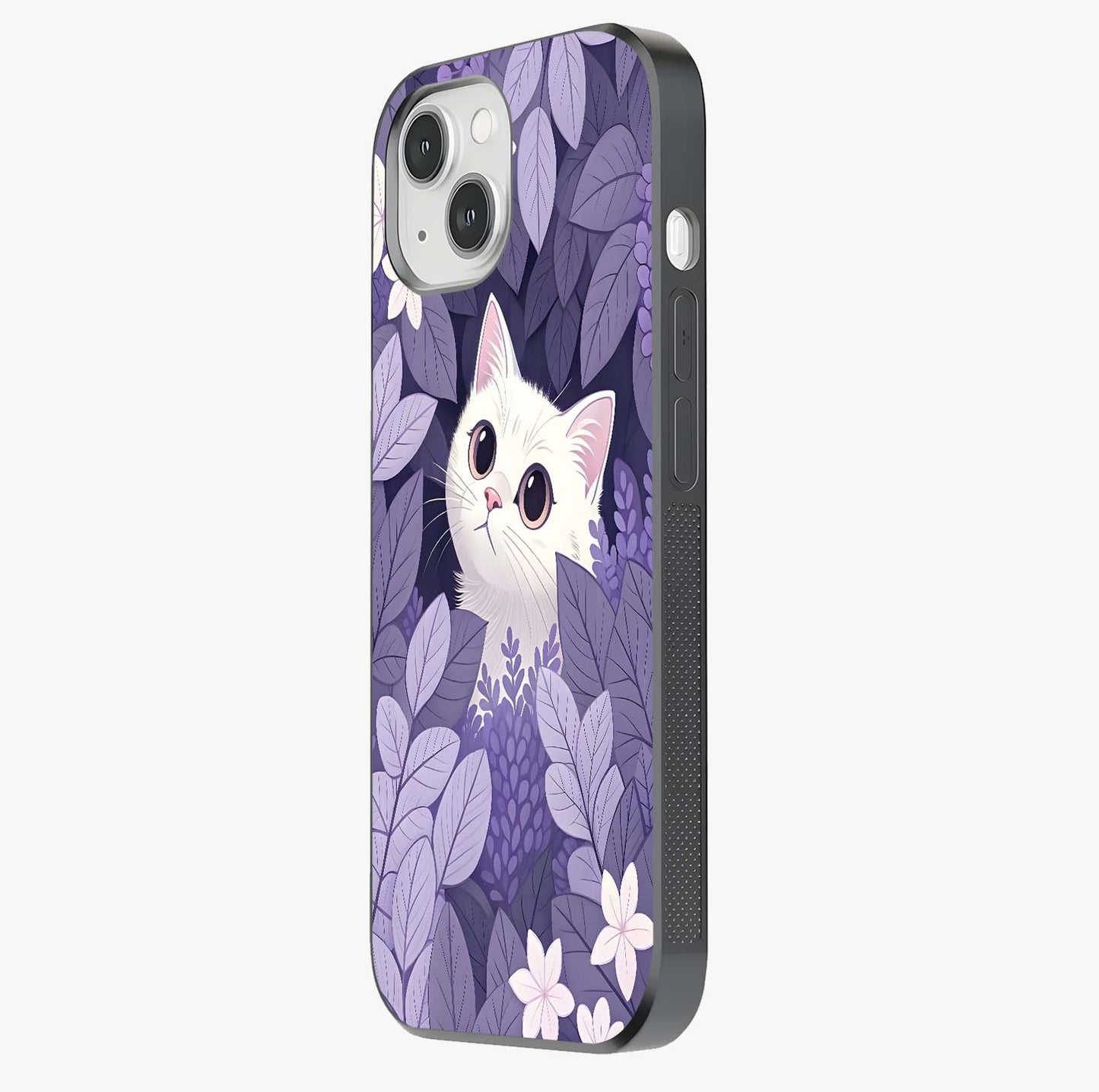 Lilac Hide Peek Cat Glass Case photographed in natural light showing reflective finish and design depth.