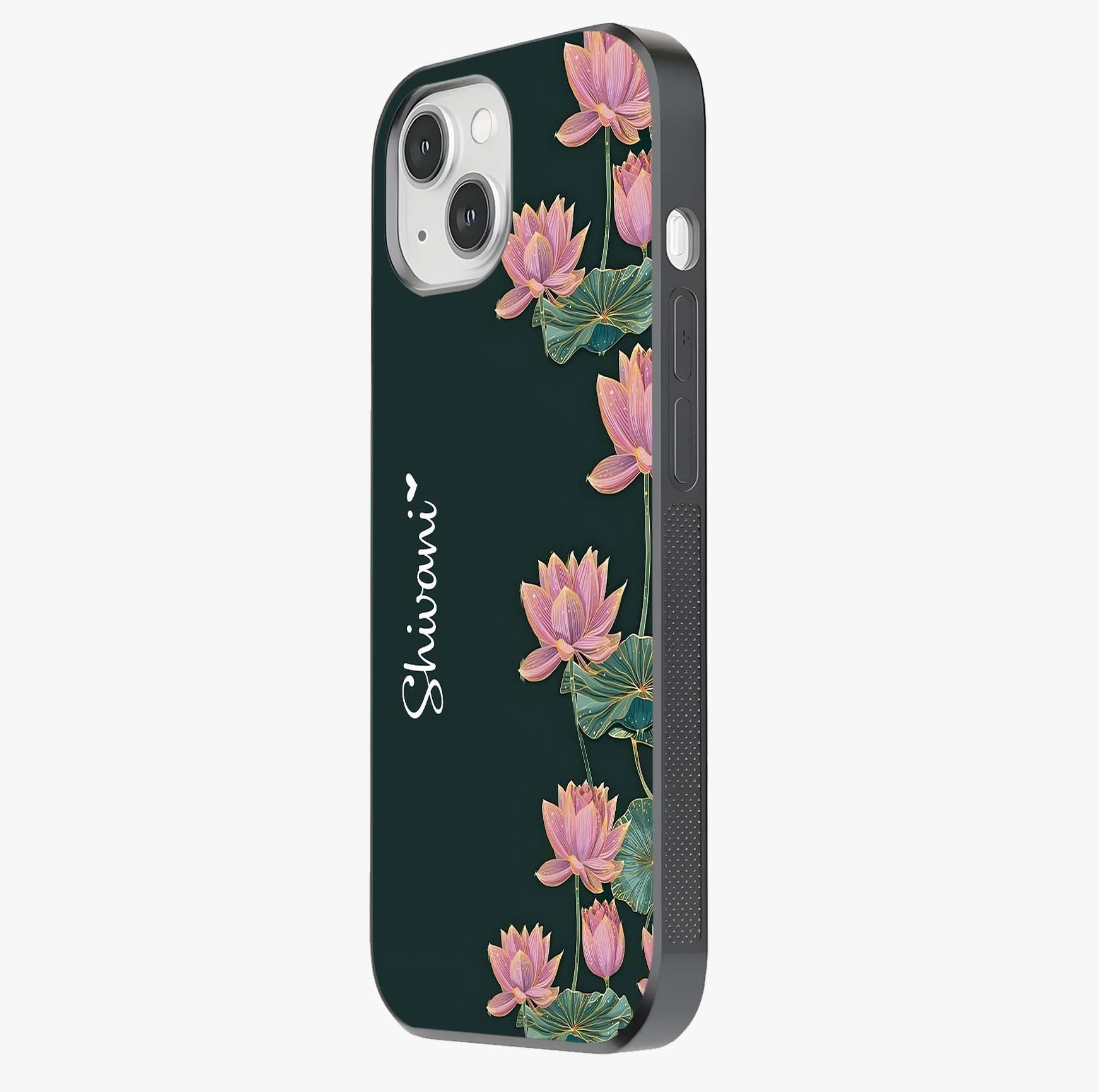 Lotus Bloom Serenity Custom Name Glass Case photographed in natural light showing reflective finish and design depth.