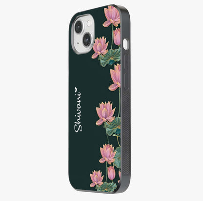 Lotus Bloom Serenity Custom Name Glass Case photographed in natural light showing reflective finish and design depth.