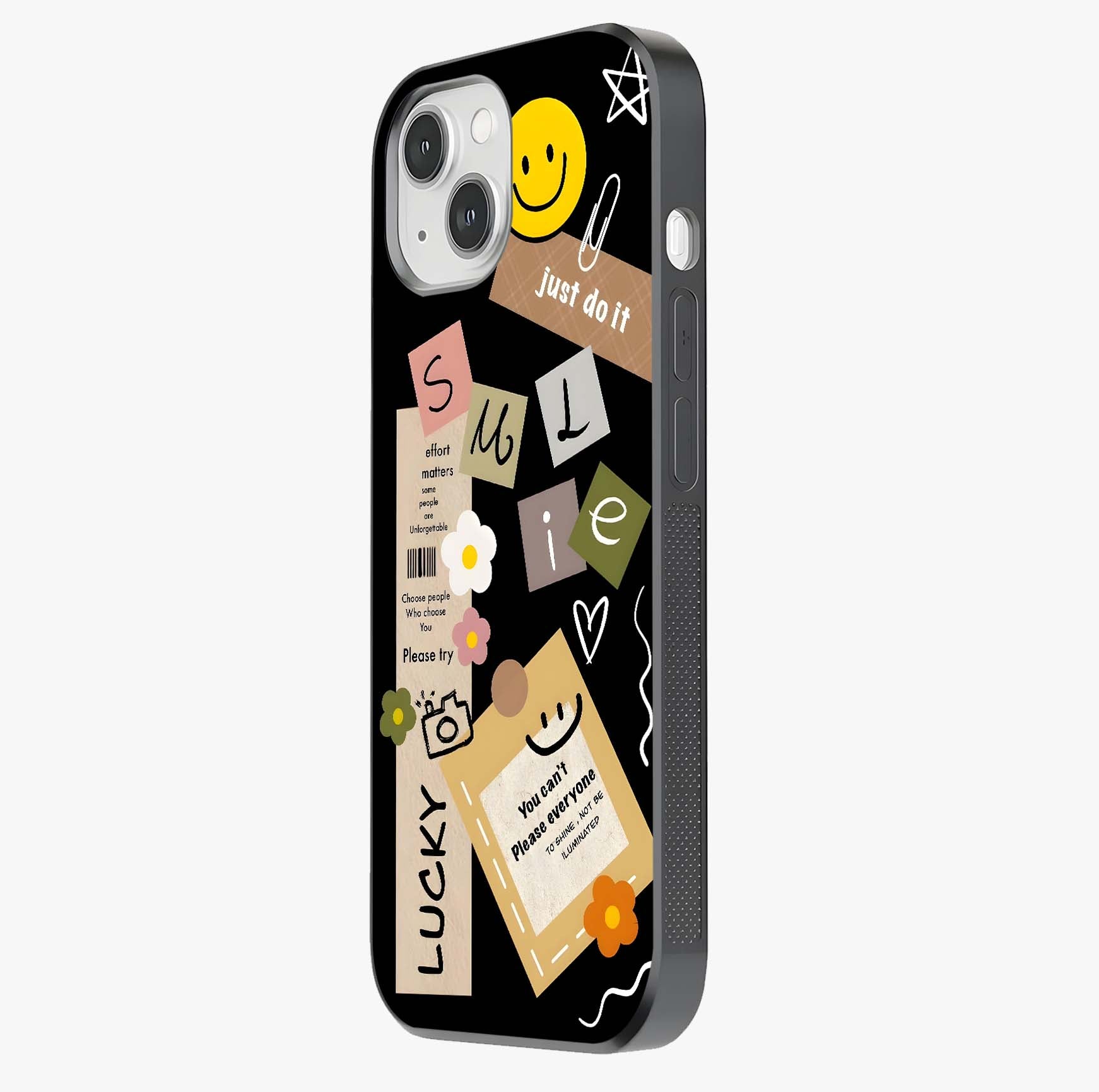 Lucky Aesthetic Collage Glass Case photographed in natural light showing reflective finish and design depth.