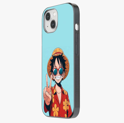 Luffy Summer Anime Vibe Glass Case photographed in natural light showing reflective finish and design depth.