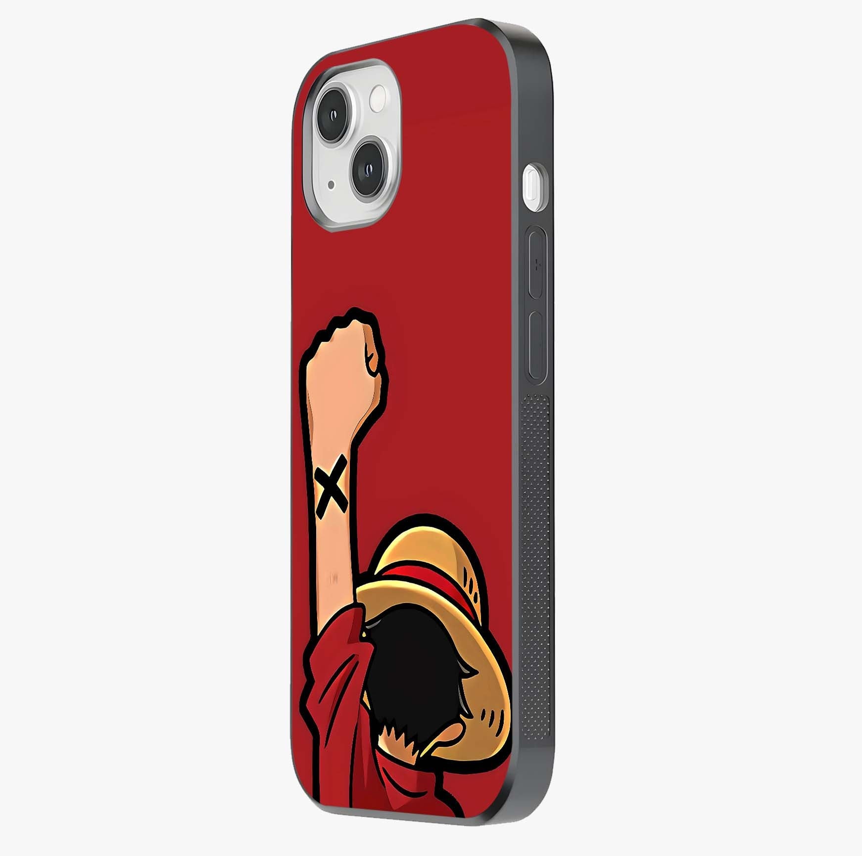 Luffy X Spirit Glass Case photographed in natural light showing reflective finish and design depth.
