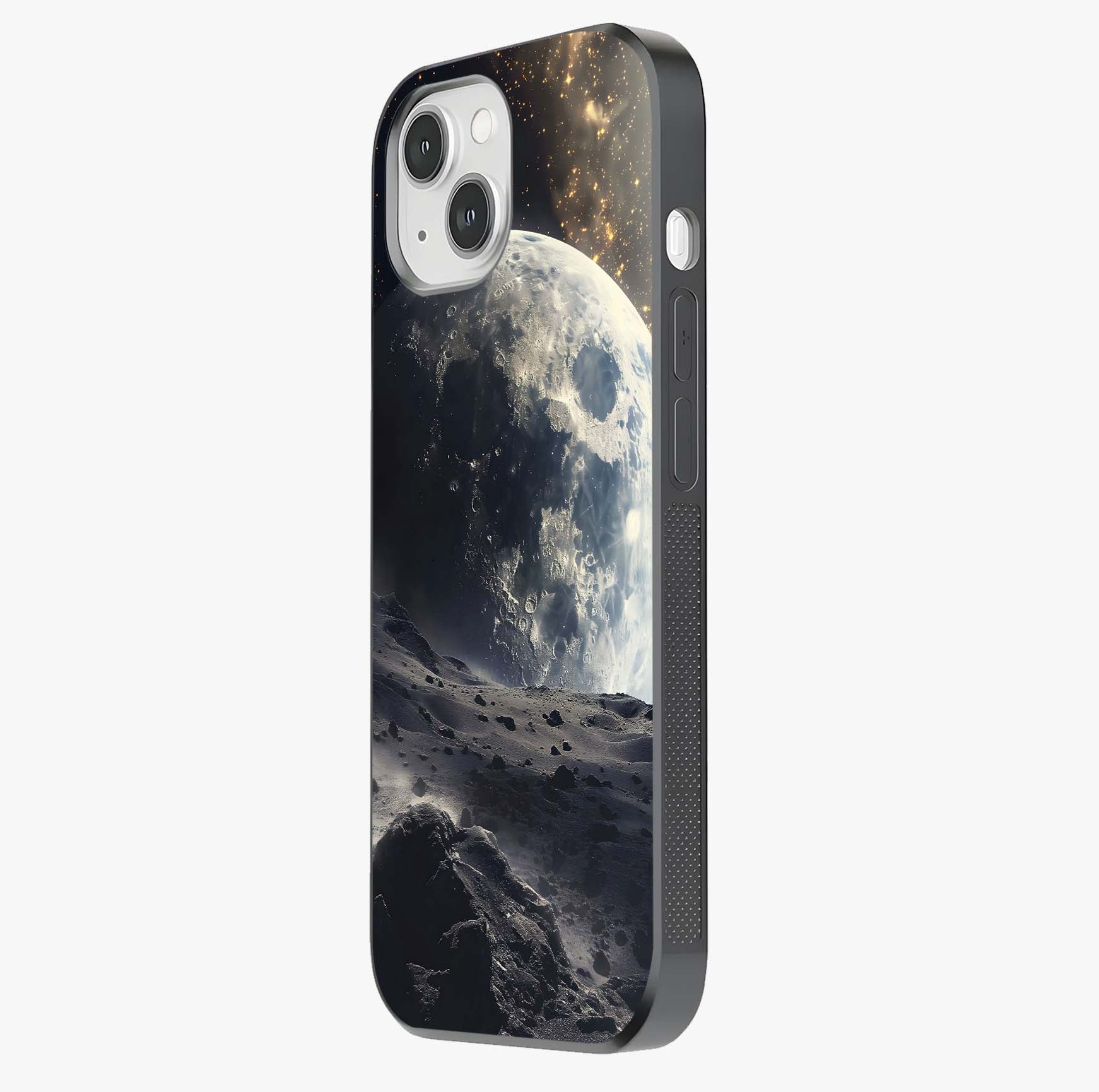 Lunar Horizon Glow Glass Case photographed in natural light showing reflective finish and design depth.