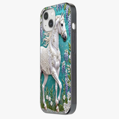 Majestic Floral Stallion Glass Case photographed in natural light showing reflective finish and design depth.