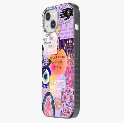Manifestation Collage Glass Case photographed in natural light showing reflective finish and design depth.