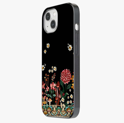 Midnight Bloom Pattern Glass Case photographed in natural light showing reflective finish and design depth.