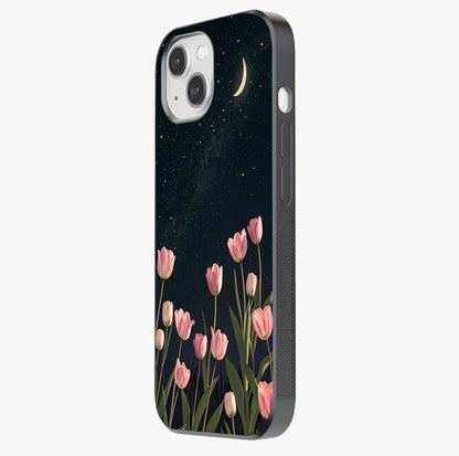 Midnight Tulip Whispers Vibe Glass Case photographed in natural light showing reflective finish and design depth.
