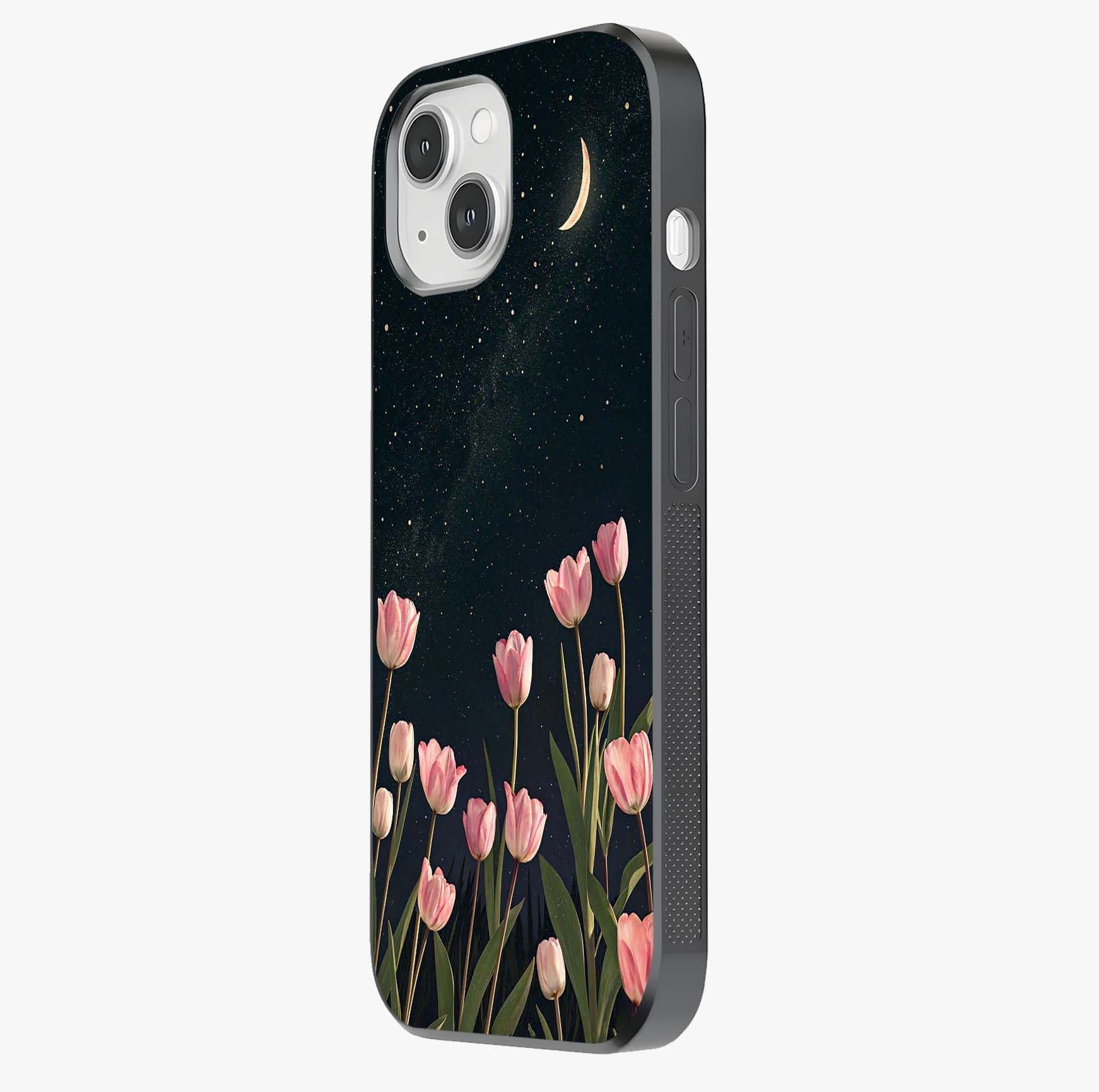 Midnight Tulip Whispers Vibe Glass Case photographed in natural light showing reflective finish and design depth.