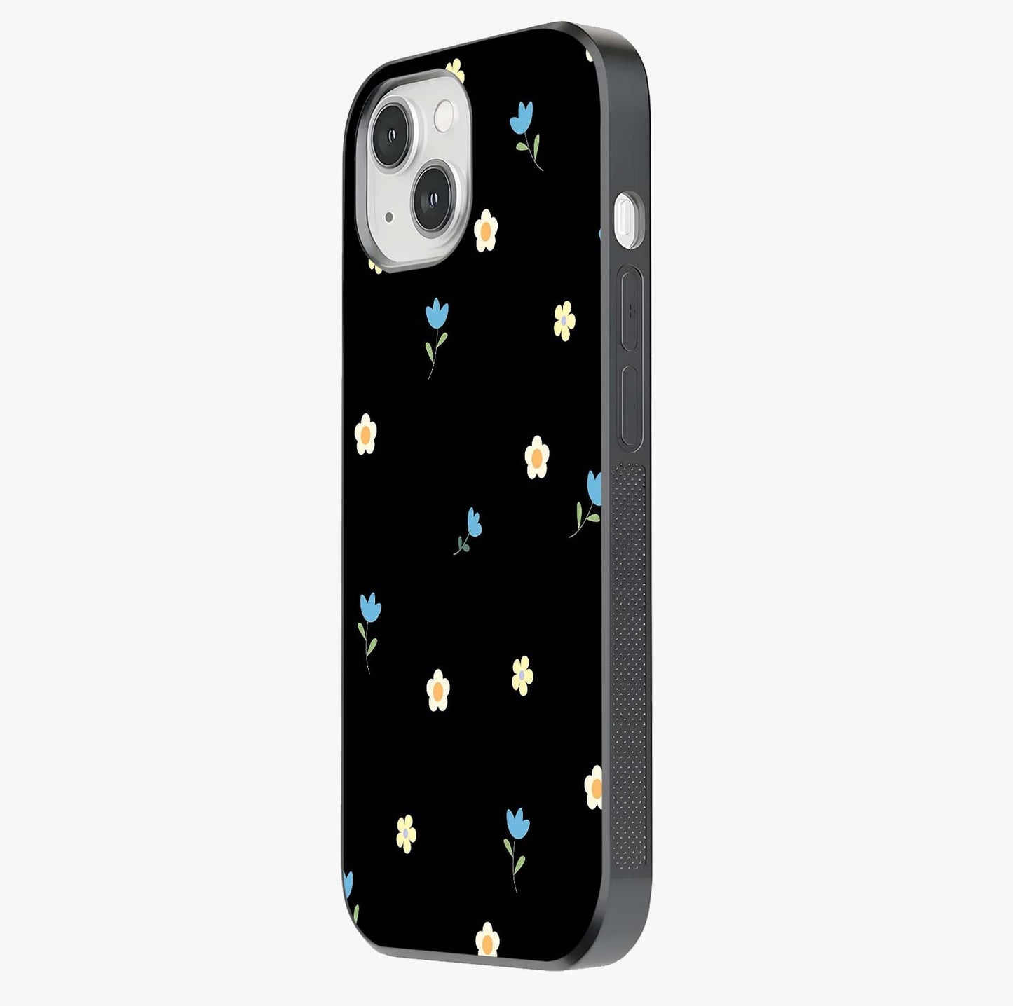 Minimalistic Blue With White Flower Pattern Glass Case photographed in natural light showing reflective finish and design depth.
