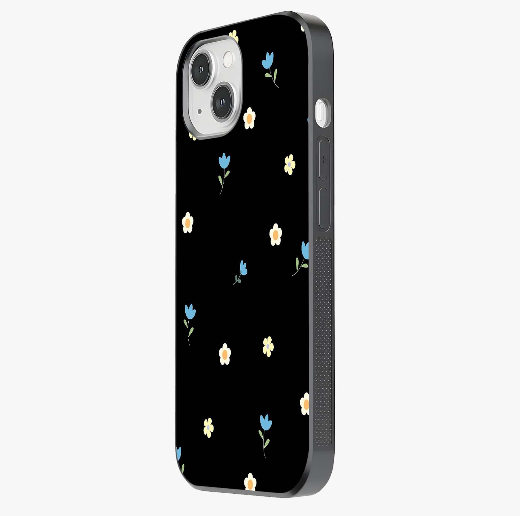 Minimalistic Blue With White Flower Pattern Glass Case photographed in natural light showing reflective finish and design depth.