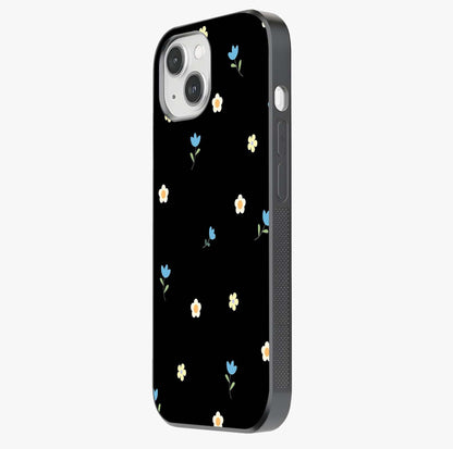 Minimalistic Blue With White Flower Pattern Glass Case photographed in natural light showing reflective finish and design depth.