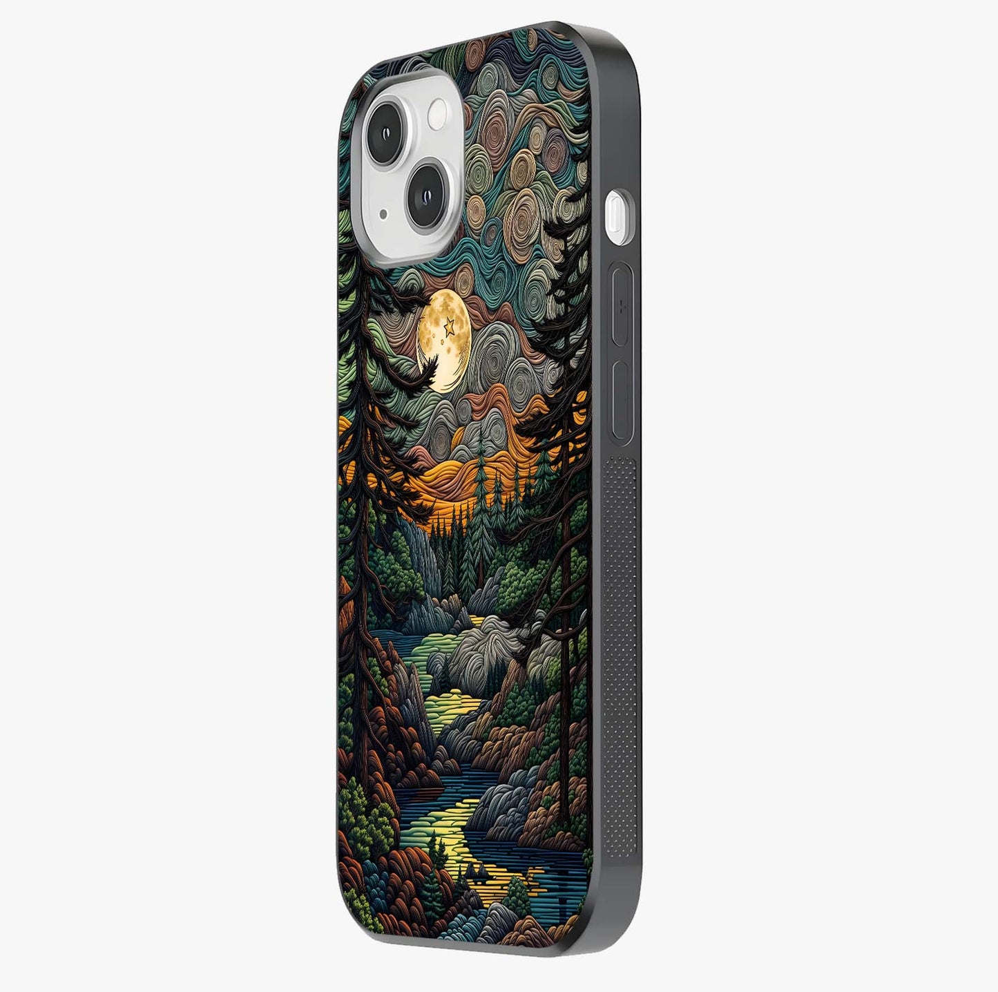 Moonlight Forest Dream Glass Case photographed in natural light showing reflective finish and design depth.