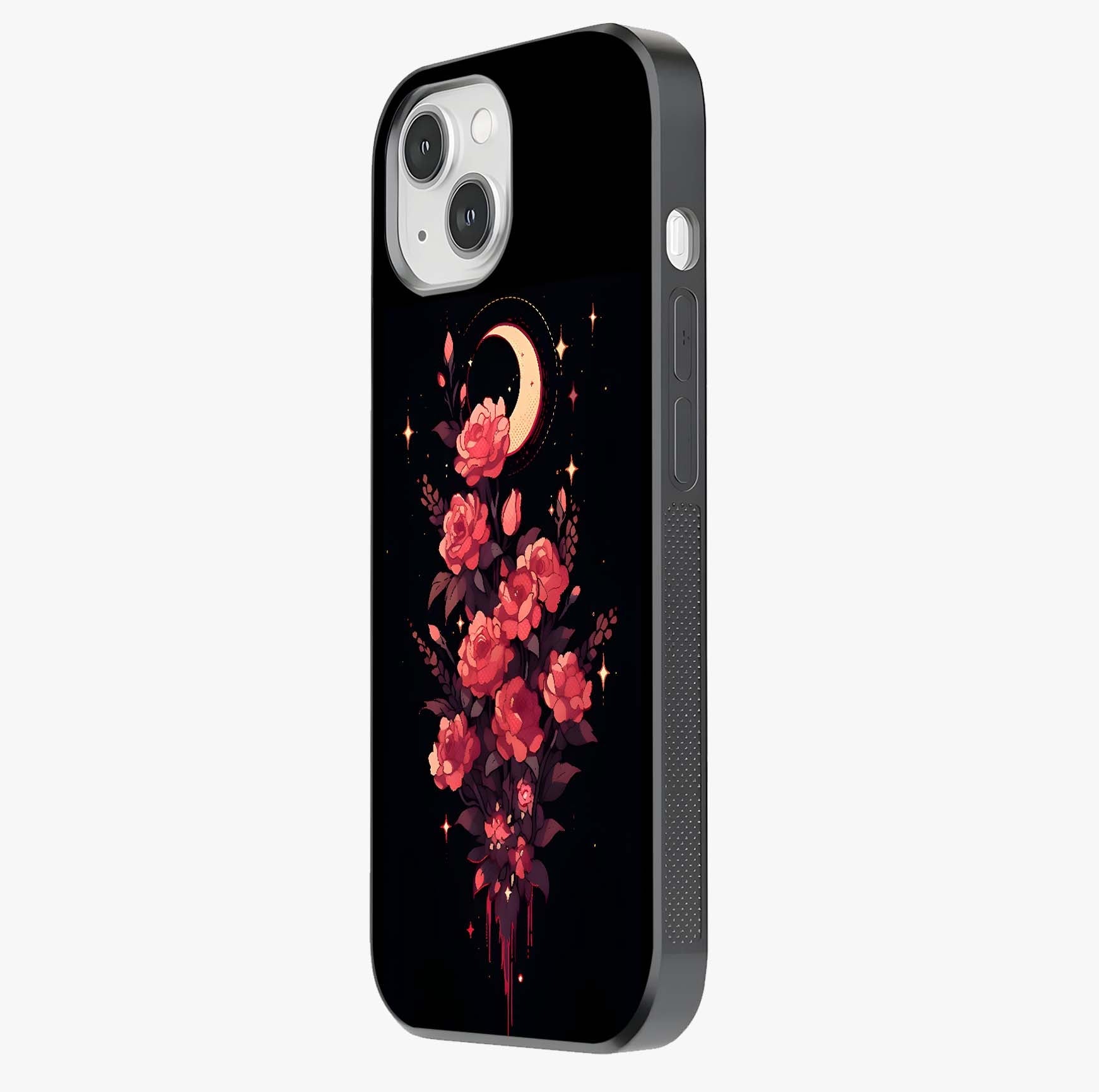 Moonlit Floral Elegance Glass Case photographed in natural light showing reflective finish and design depth.