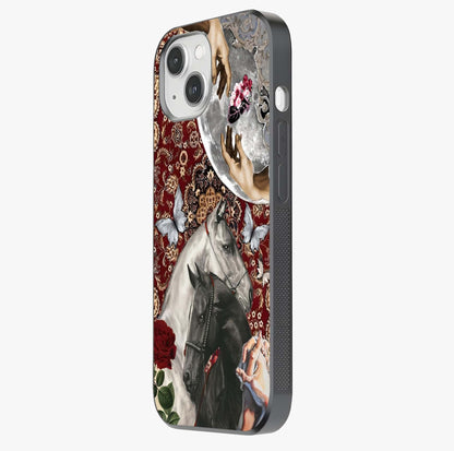 Moonlit Royal Stallion Glass Case photographed in natural light showing reflective finish and design depth.