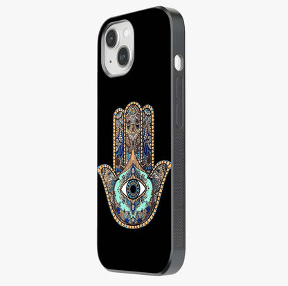Mystic Hamsa Eye Glass Case photographed in natural light showing reflective finish and design depth.