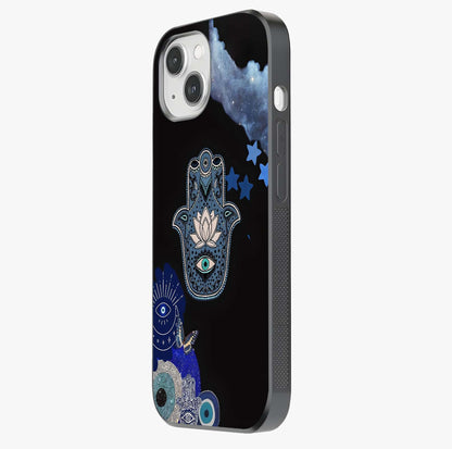 Mystic Hand Aura Glass Case photographed in natural light showing reflective finish and design depth.