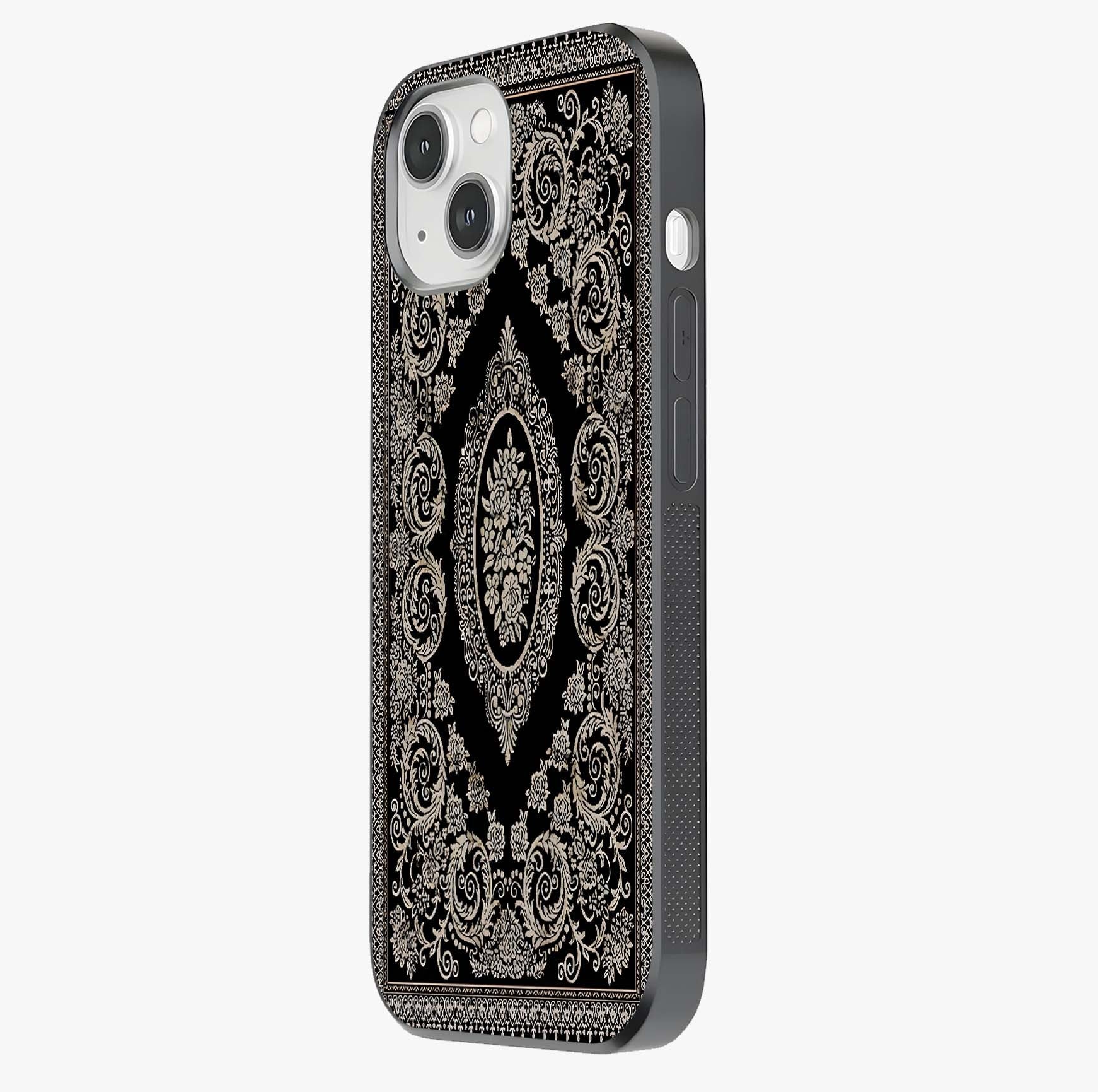 Noir Bloom Elegance Glass Case photographed in natural light showing reflective finish and design depth.