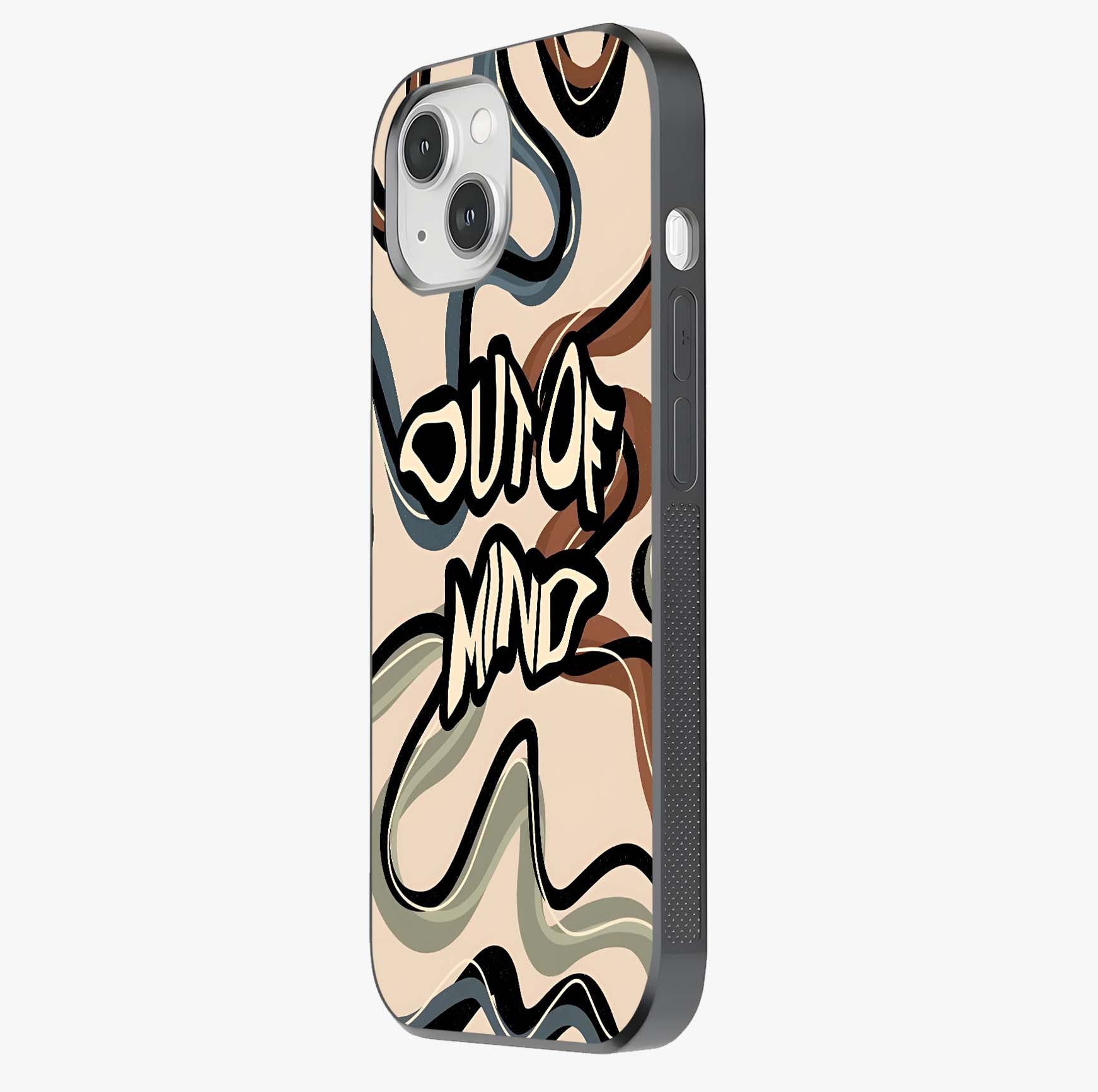 Out Of Mind Glass Case photographed in natural light showing reflective finish and design depth.