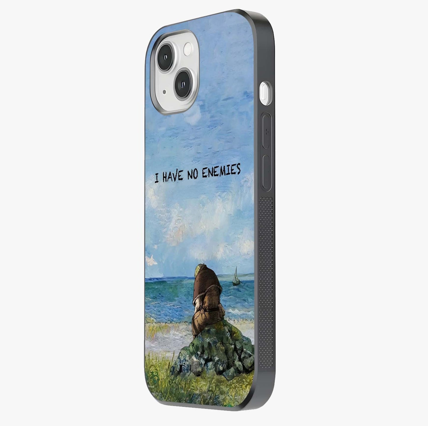 Peace Beyond War Glass Case photographed in natural light showing reflective finish and design depth.