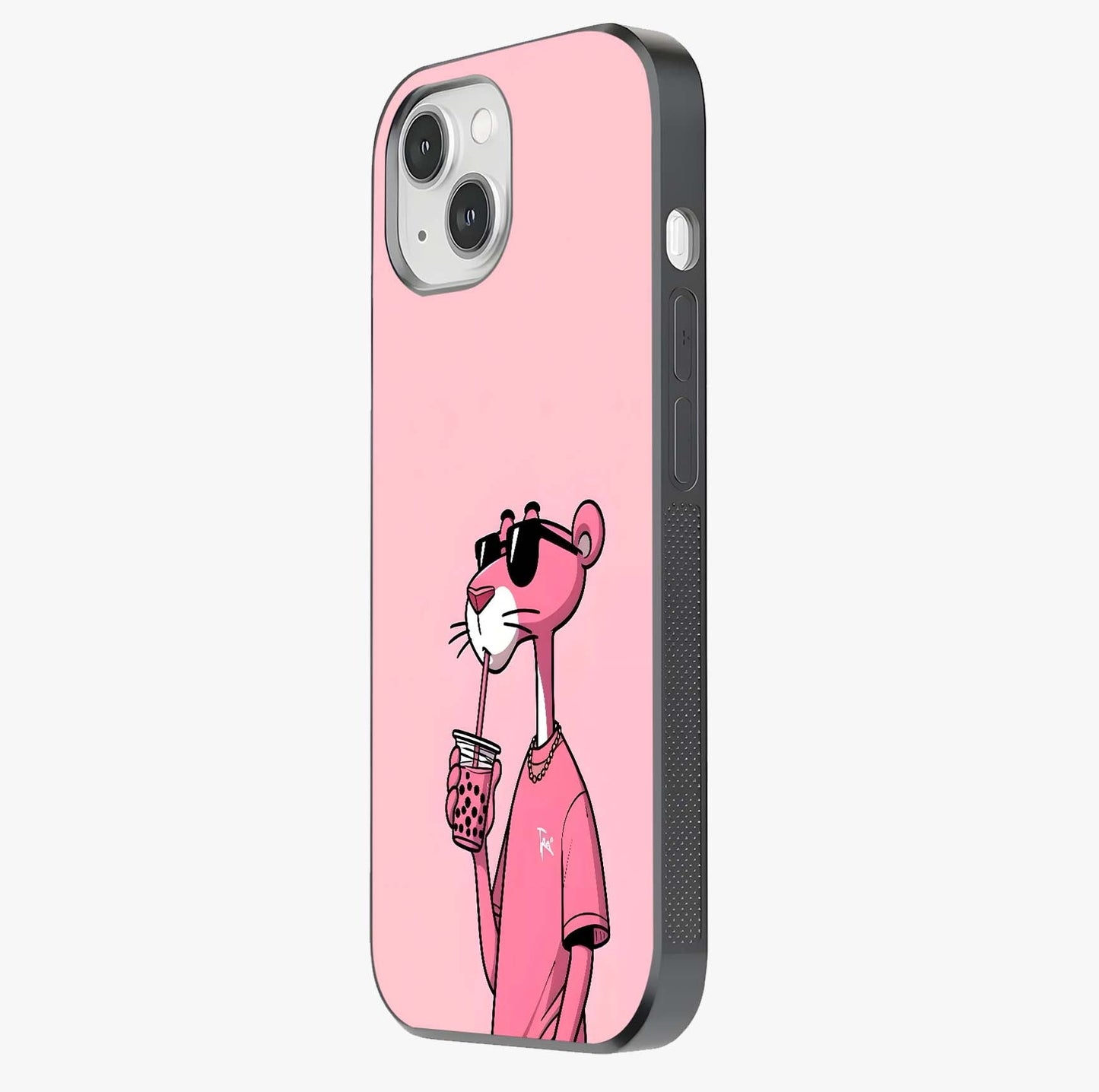 Pink Panther Glass Case photographed in natural light showing reflective finish and design depth.