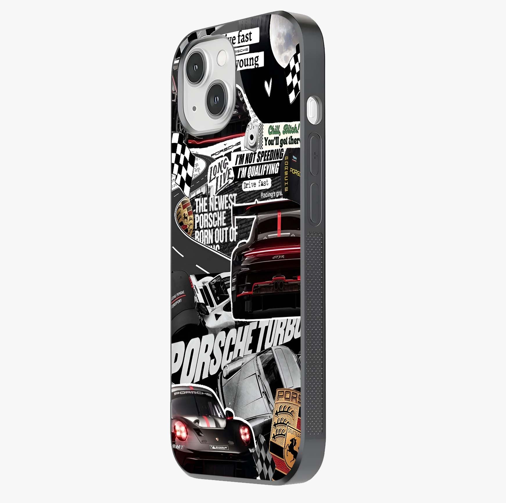 Porsche Racing Collage Glass Case photographed in natural light showing reflective finish and design depth.