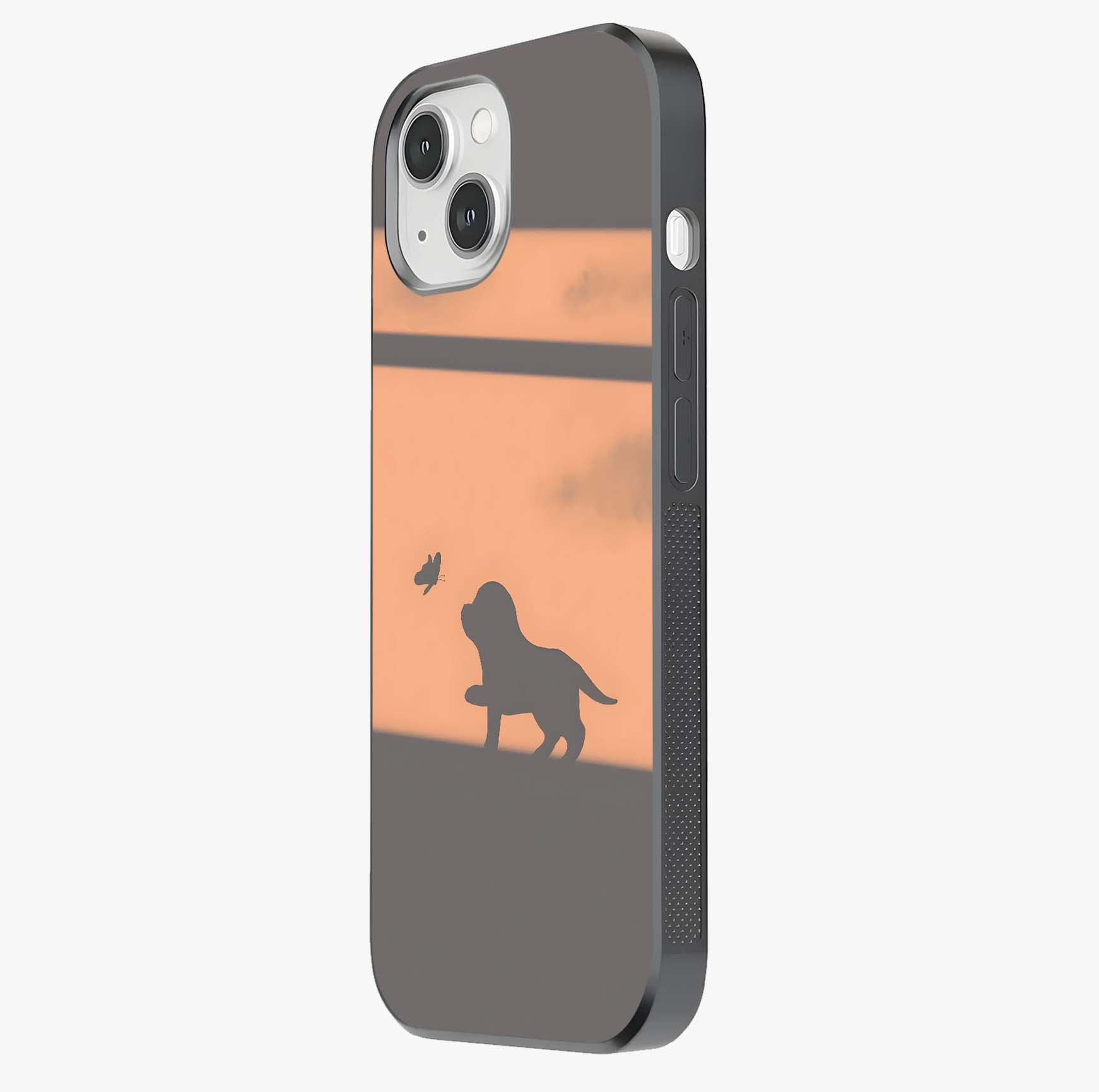 Puppy Shadow Art Glass Case photographed in natural light showing reflective finish and design depth.