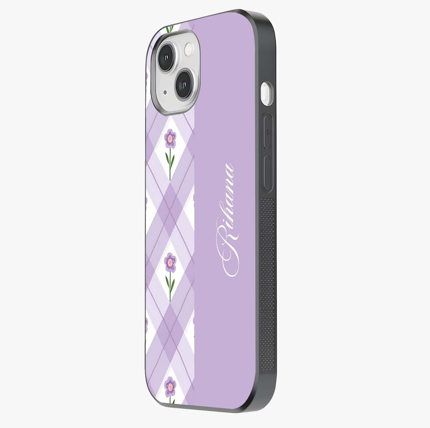 Purple Diamond Floral Glass Case photographed in natural light showing reflective finish and design depth.