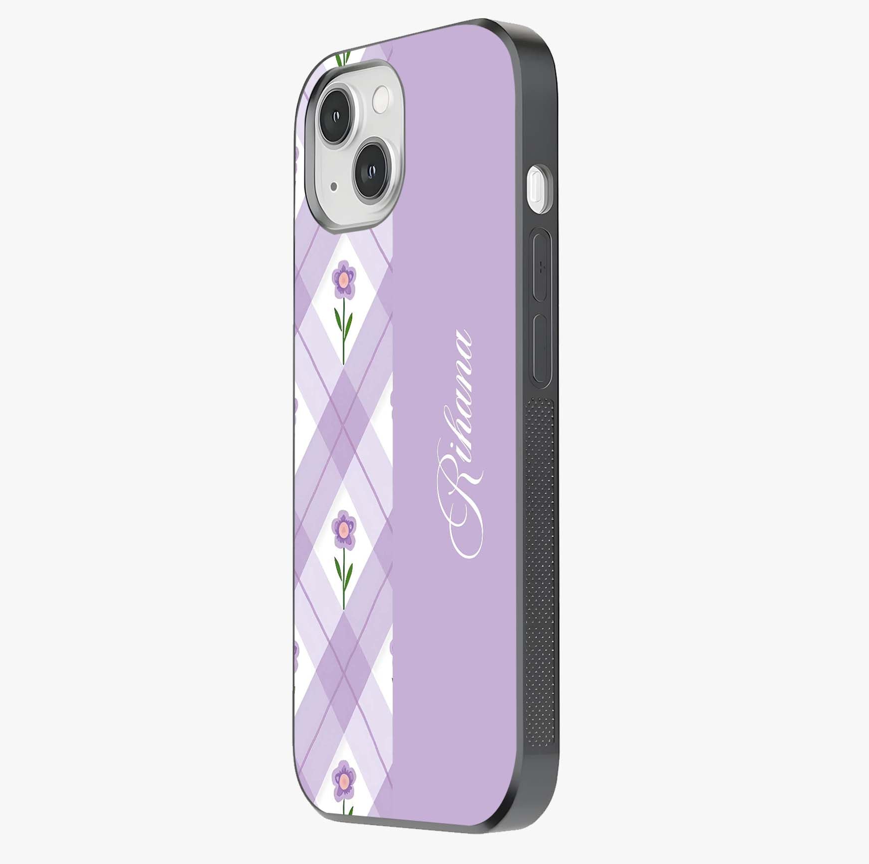 Purple Diamond Floral Glass Case photographed in natural light showing reflective finish and design depth.