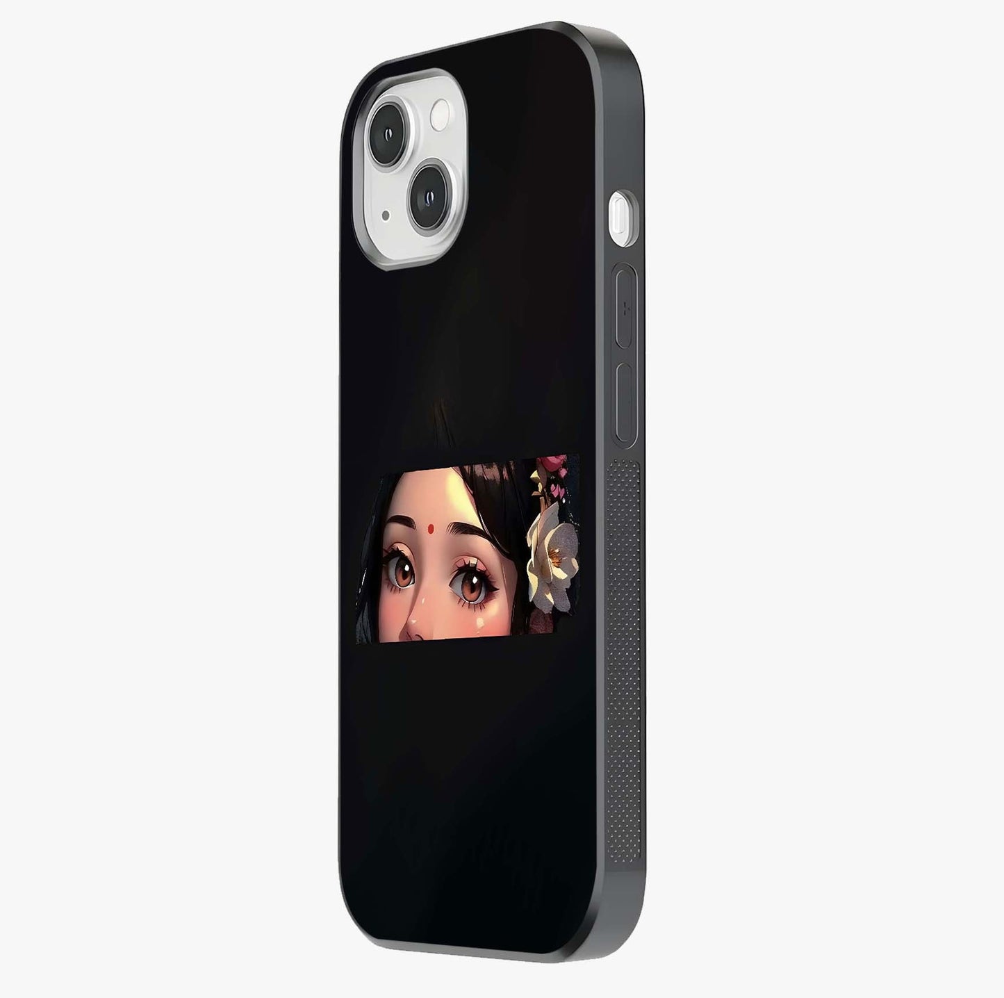 Radha Divine Embrace Glass Case photographed in natural light showing reflective finish and design depth.