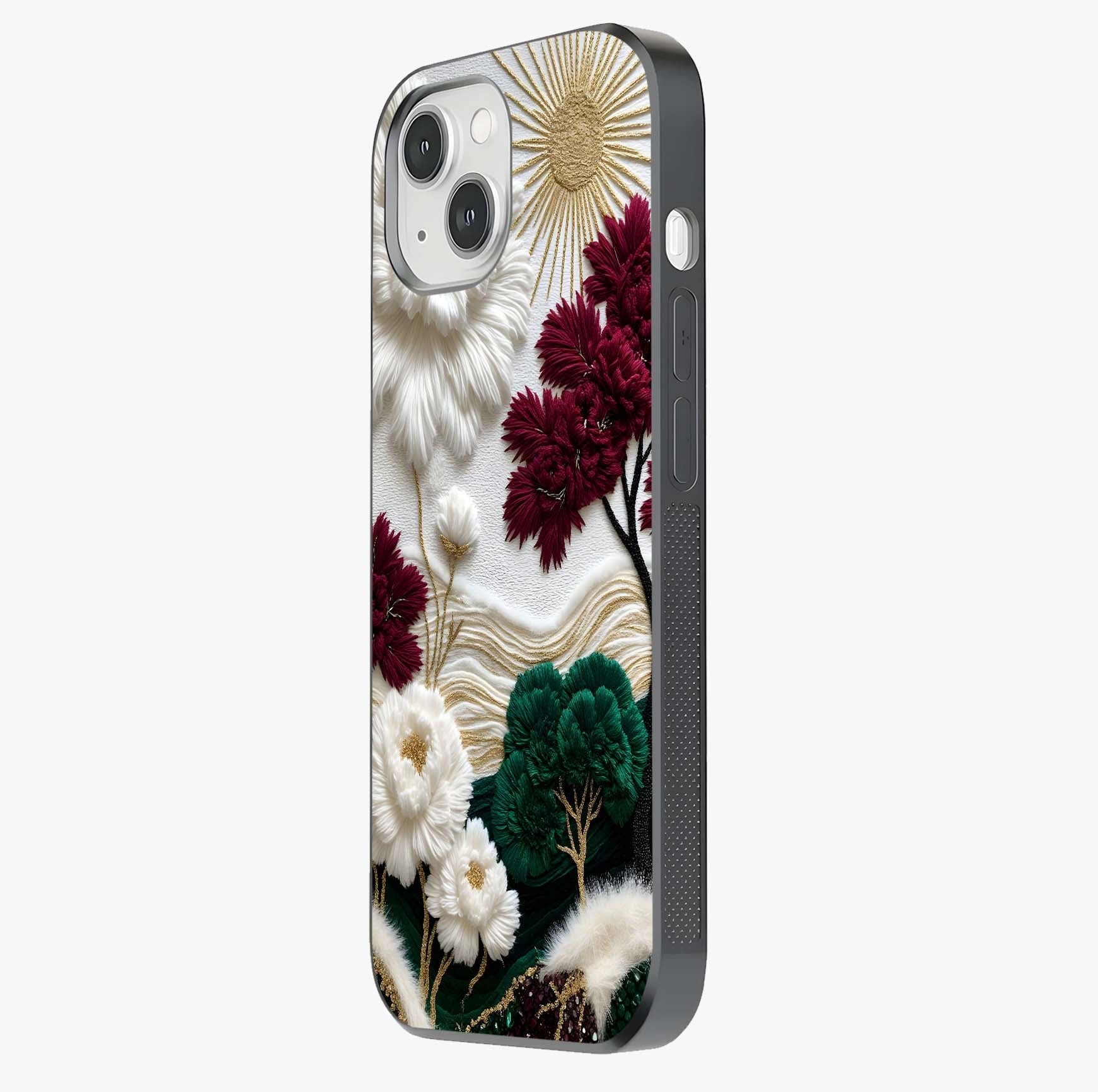 Radiant Bloom Elegance Glass Case photographed in natural light showing reflective finish and design depth.