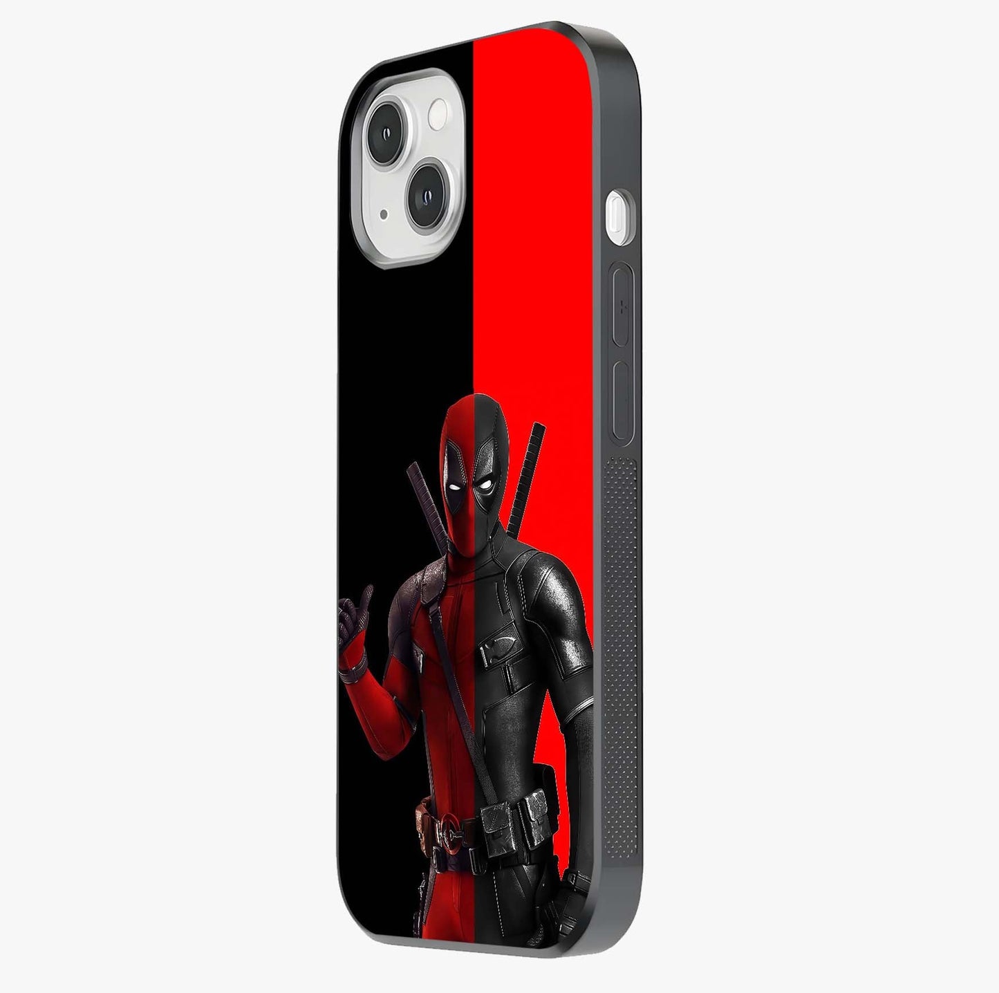 Red & Black Deadpool Theme Glass Case photographed in natural light showing reflective finish and design depth.