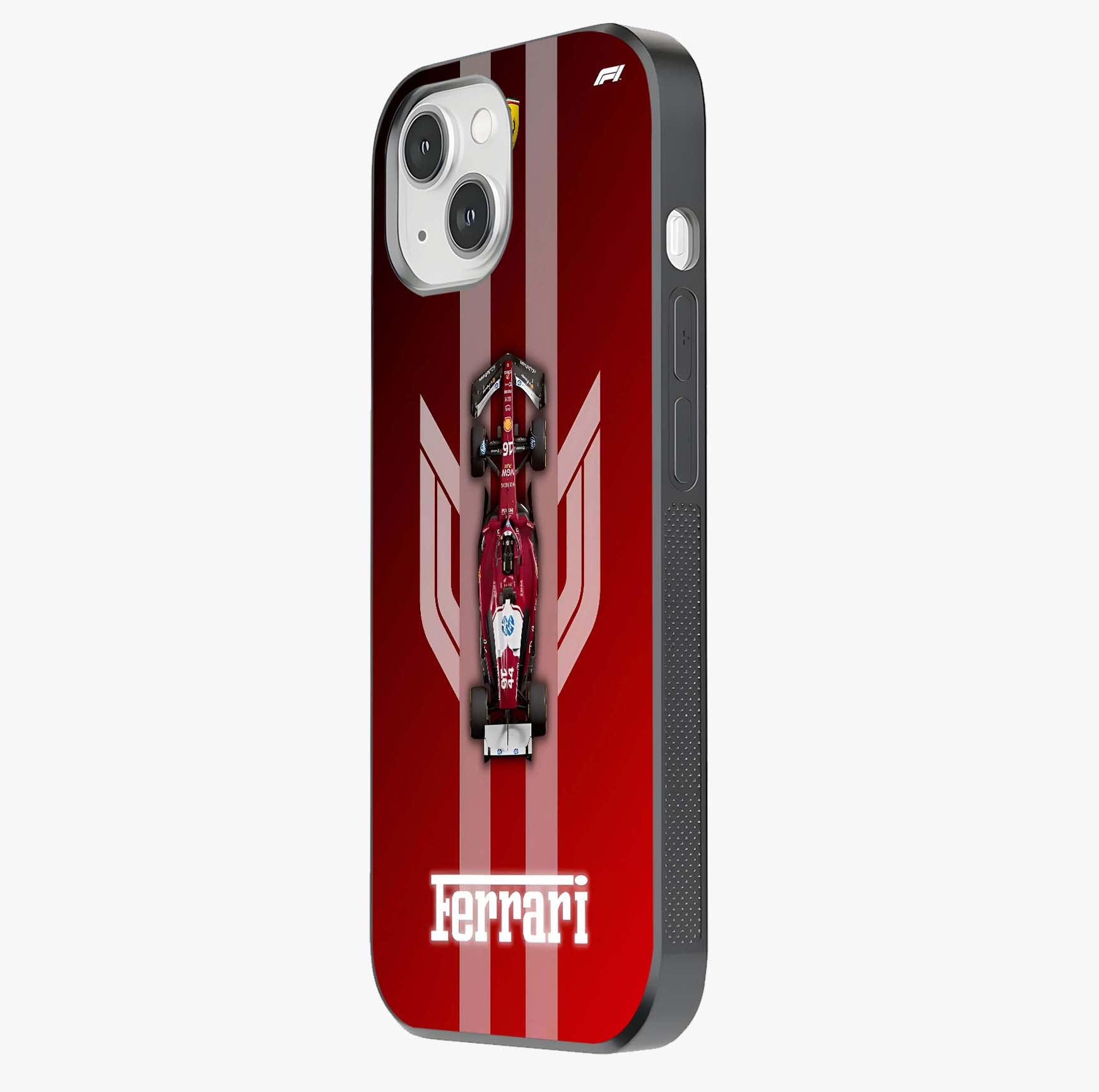 Red Ferrari F1 Vertical Glass Case photographed in natural light showing reflective finish and design depth.