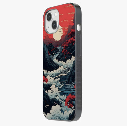Red Sunset Scenery Glass Case photographed in natural light showing reflective finish and design depth.