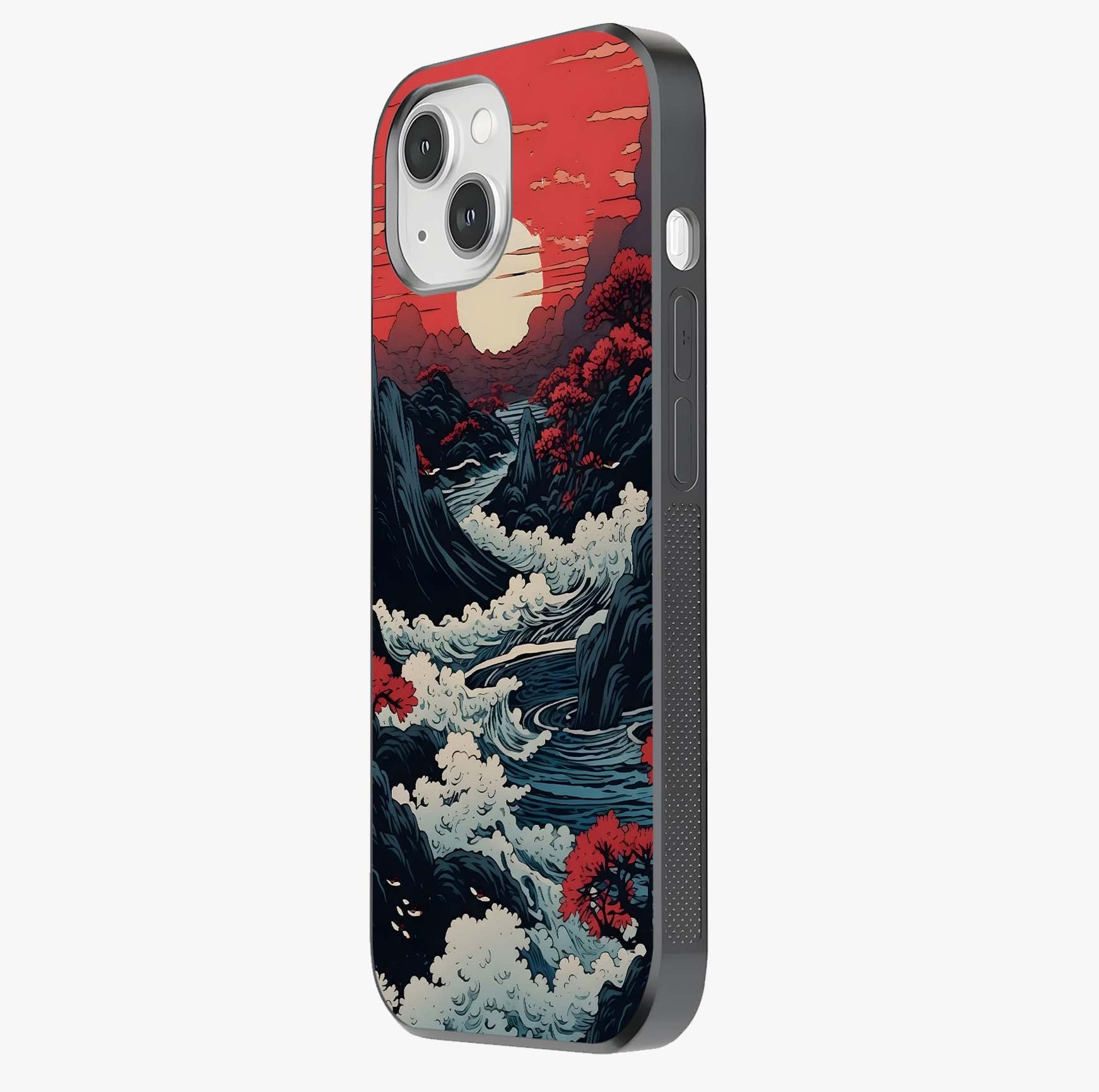 Red Sunset Scenery Glass Case photographed in natural light showing reflective finish and design depth.