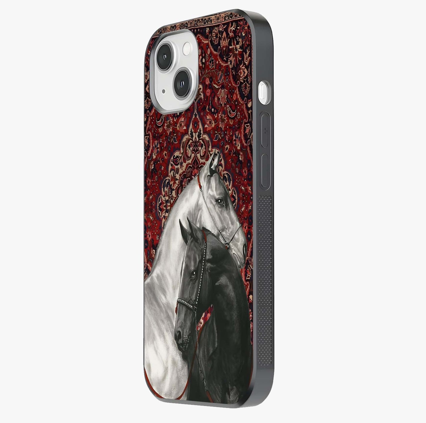 Regal Stallion Tapestry Glass Case photographed in natural light showing reflective finish and design depth.