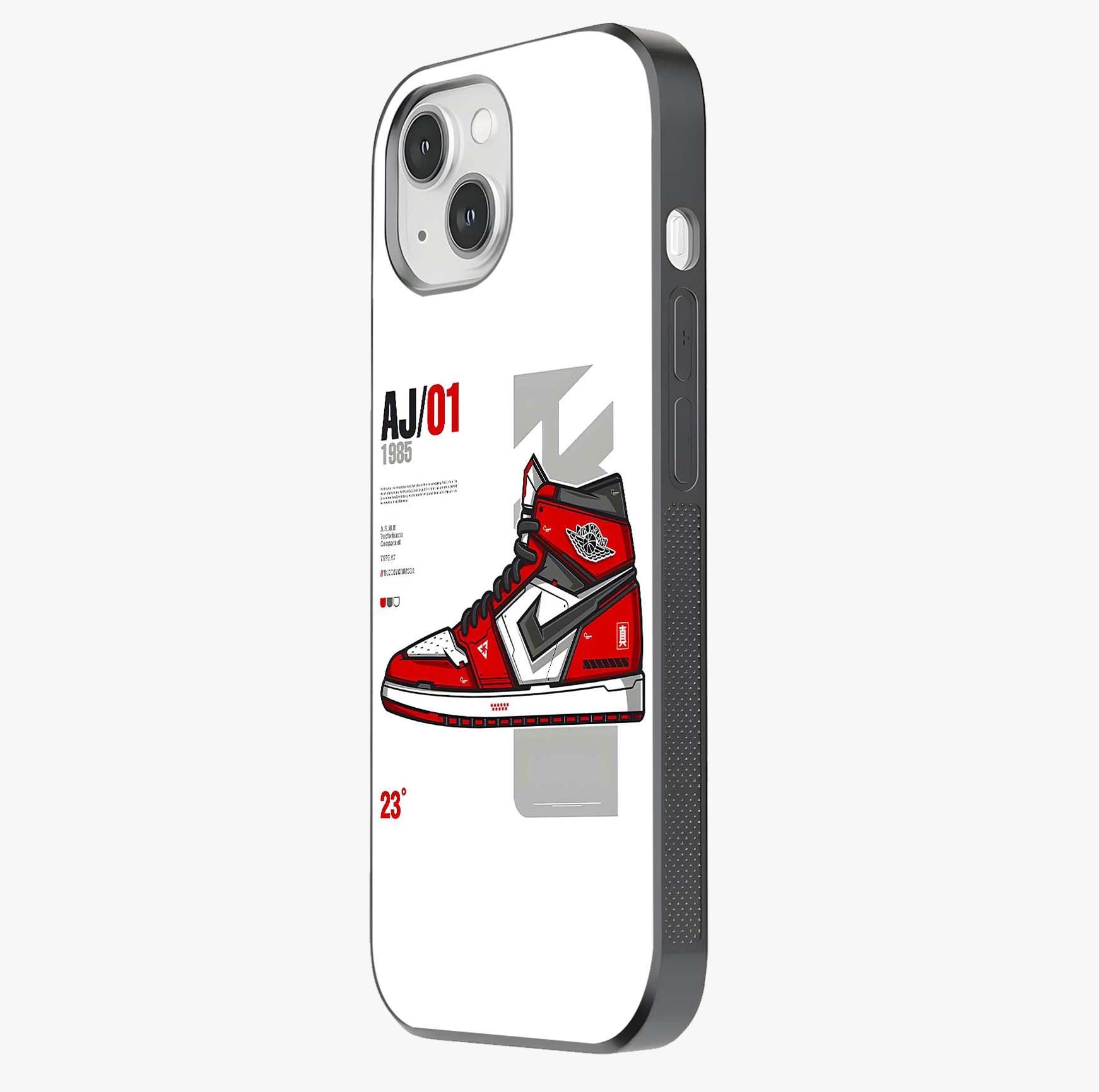 Retro Sneaker Blueprint Glass Case photographed in natural light showing reflective finish and design depth.