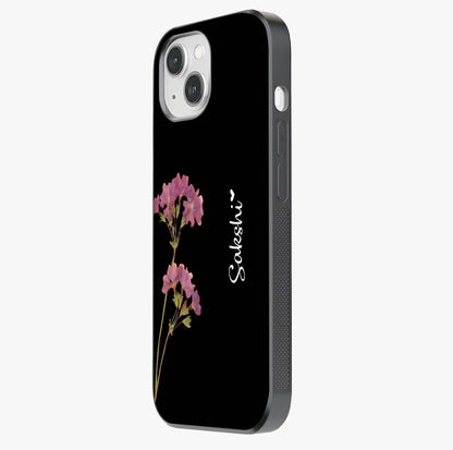 Riching Lavender Flower Custom Name Glass Case photographed in natural light showing reflective finish and design depth.