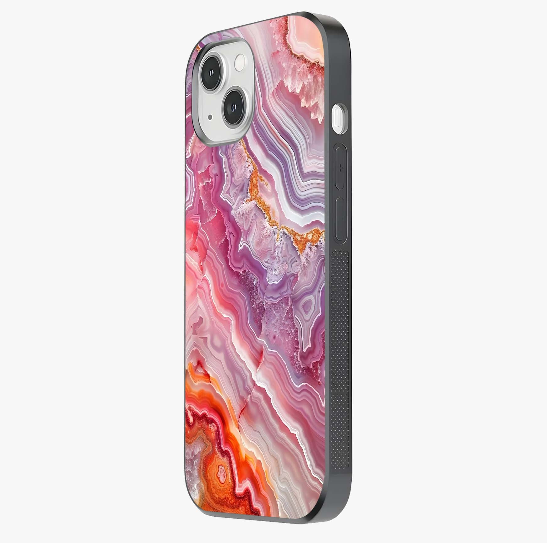 Rose Quartz Marble Glass Case photographed in natural light showing reflective finish and design depth.