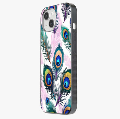 Royal Peacock Feathers Glass Case photographed in natural light showing reflective finish and design depth.