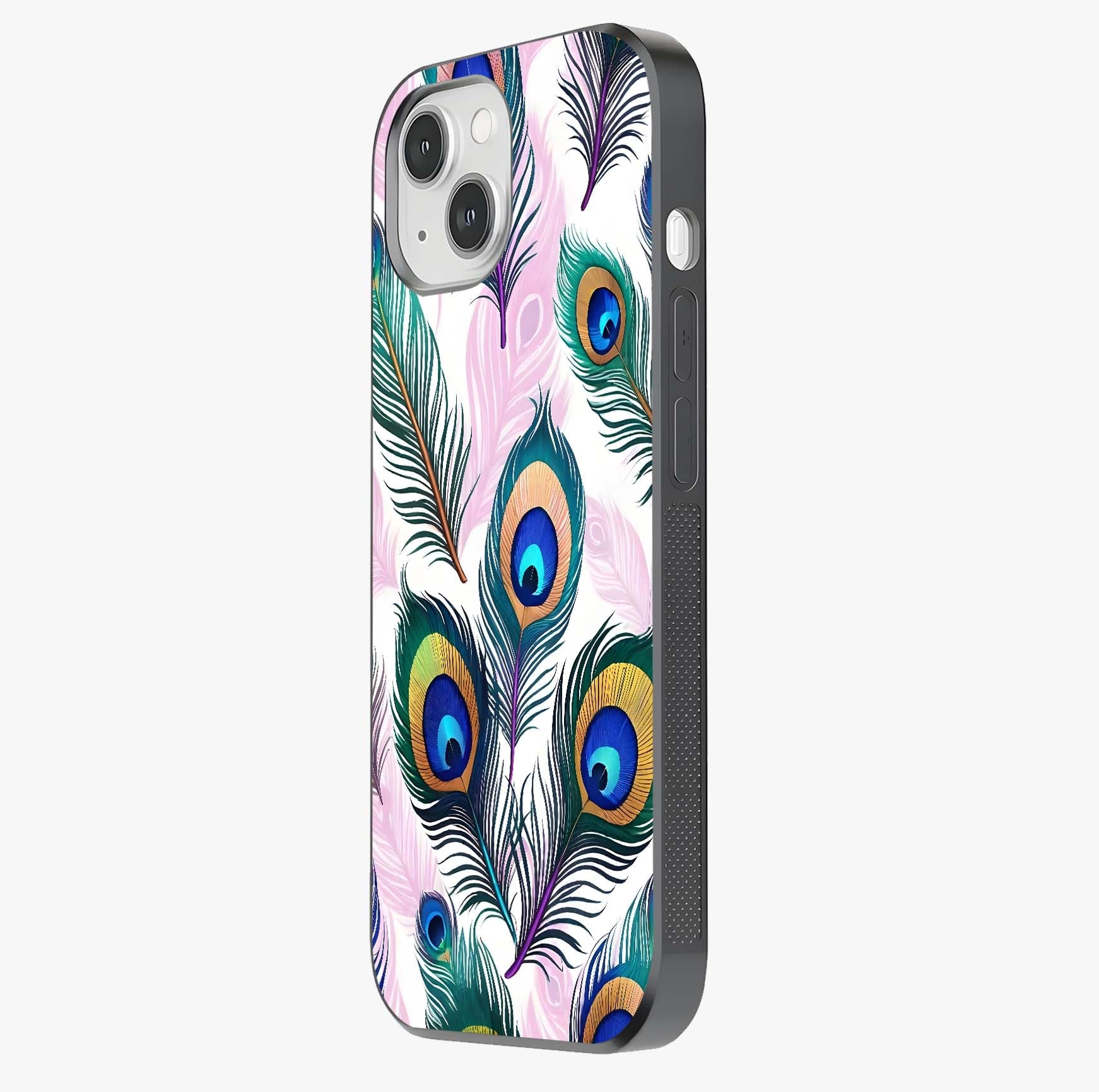 Royal Peacock Feathers Glass Case photographed in natural light showing reflective finish and design depth.