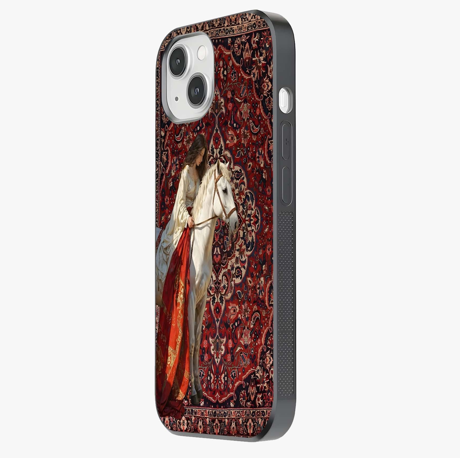Royal Rider Tapestry Glass Case photographed in natural light showing reflective finish and design depth.