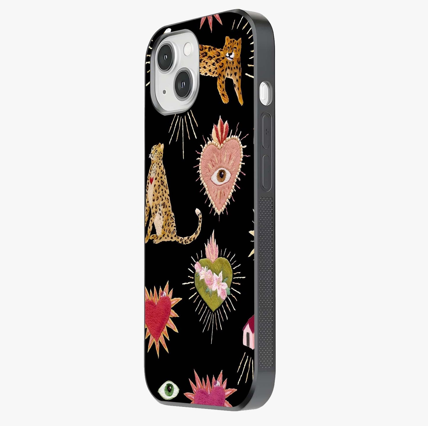 Sacred Jungle Heart Glass Case photographed in natural light showing reflective finish and design depth.
