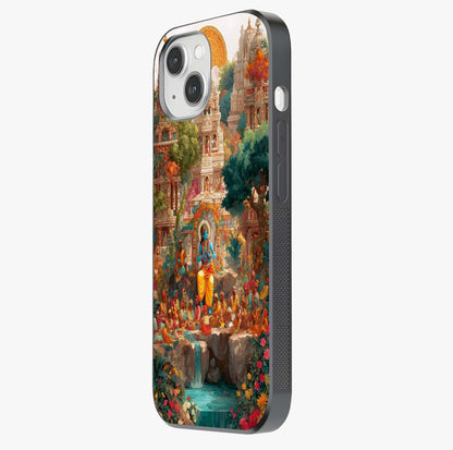 Sacred Sunlight Gods Glass Case photographed in natural light showing reflective finish and design depth.