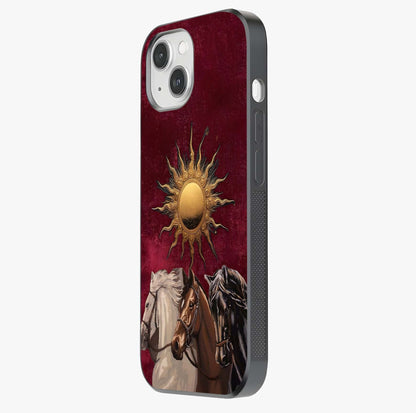 Solar Riders Glass Case photographed in natural light showing reflective finish and design depth.