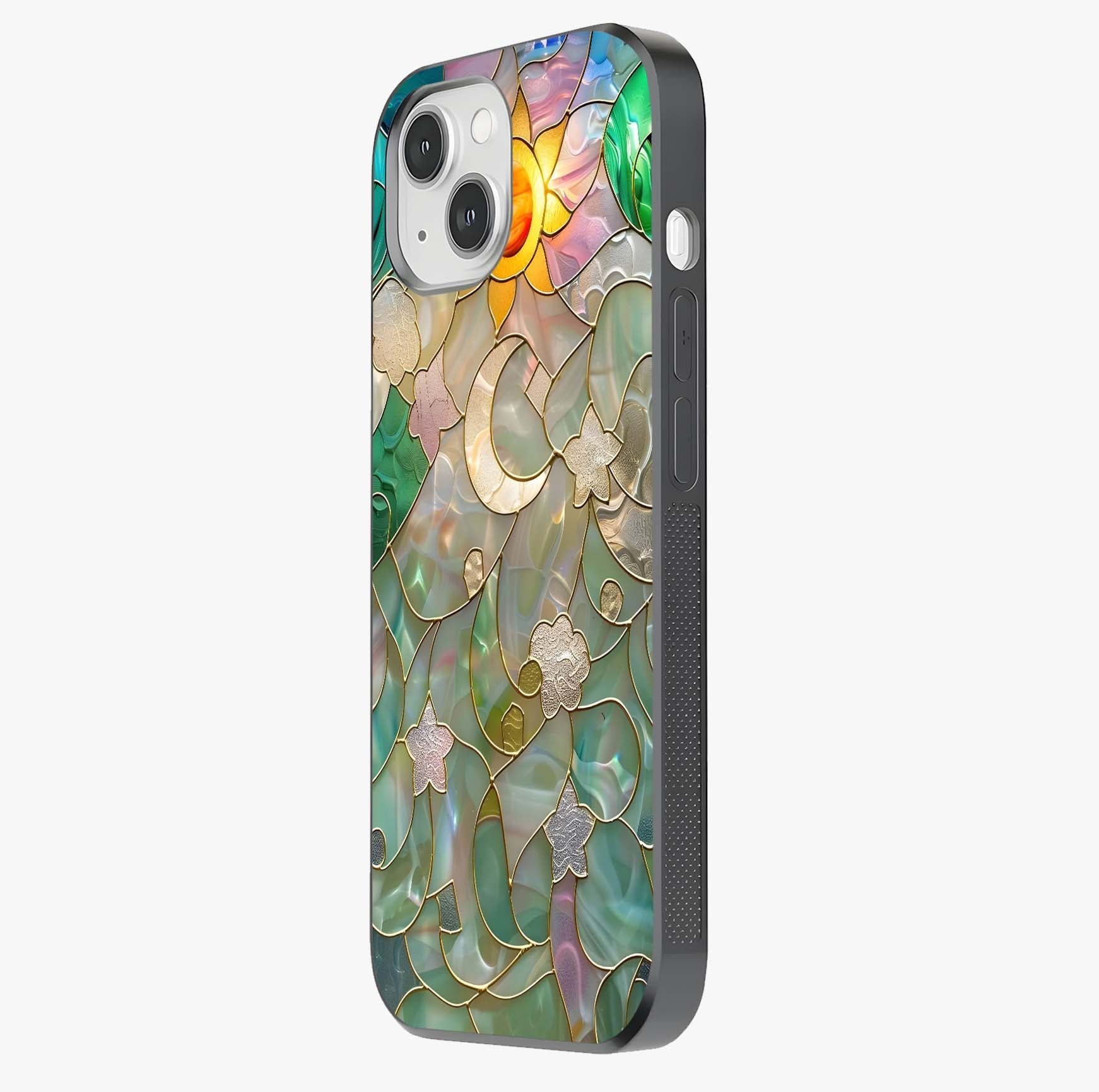 Stained Sunrise Glow Glass Case photographed in natural light showing reflective finish and design depth.